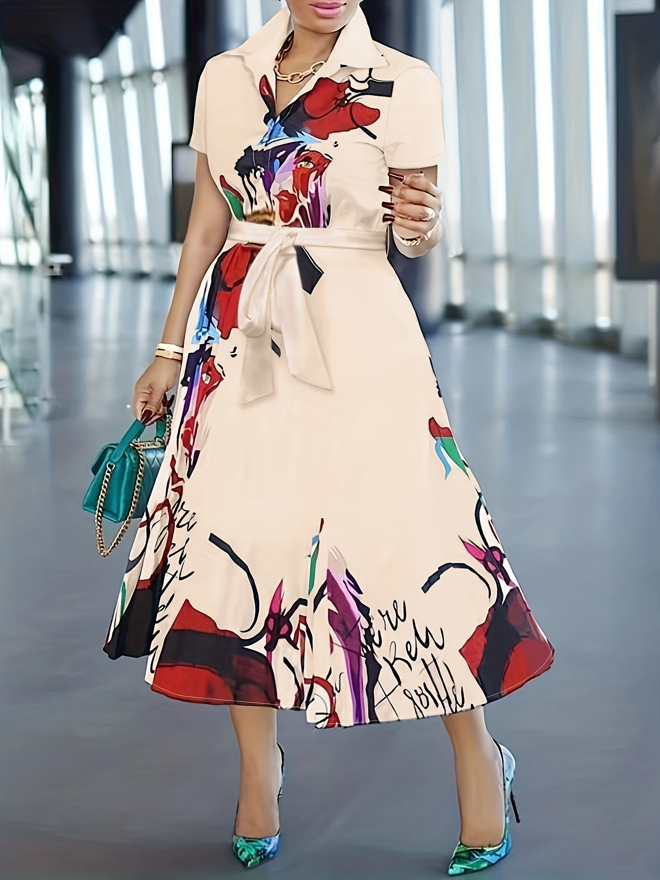 Women's Floral Collared Midi A-Line Dress - Button Front detail view