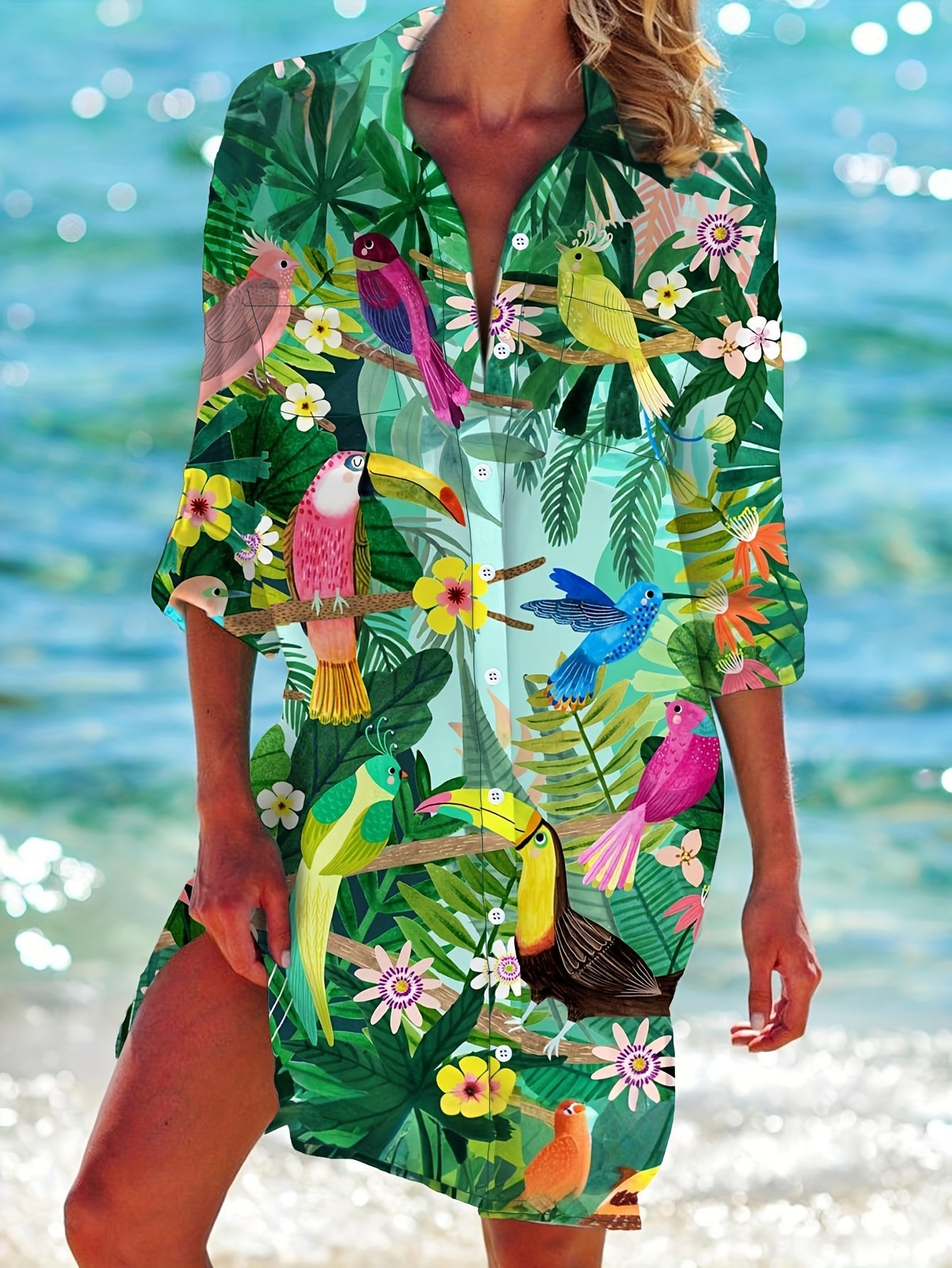 Women's Floral Collared Vacation Dress - Button Front detail view