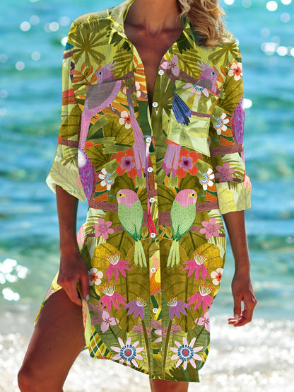 Women's Floral Collared Vacation Dress - Button Front detail view