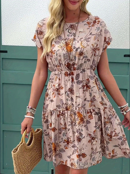 Women's Floral Crew Neck A-Line Dress – Short Sleeve detail view