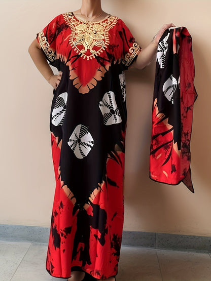 Women's Floral Crew Neck Kaftan Dress - Long Sleeve – main product image