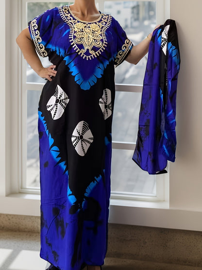 Women's Floral Crew Neck Kaftan Dress - Long Sleeve – view 2