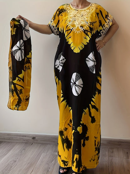 Women's Floral Crew Neck Kaftan Dress - Long Sleeve – view 6