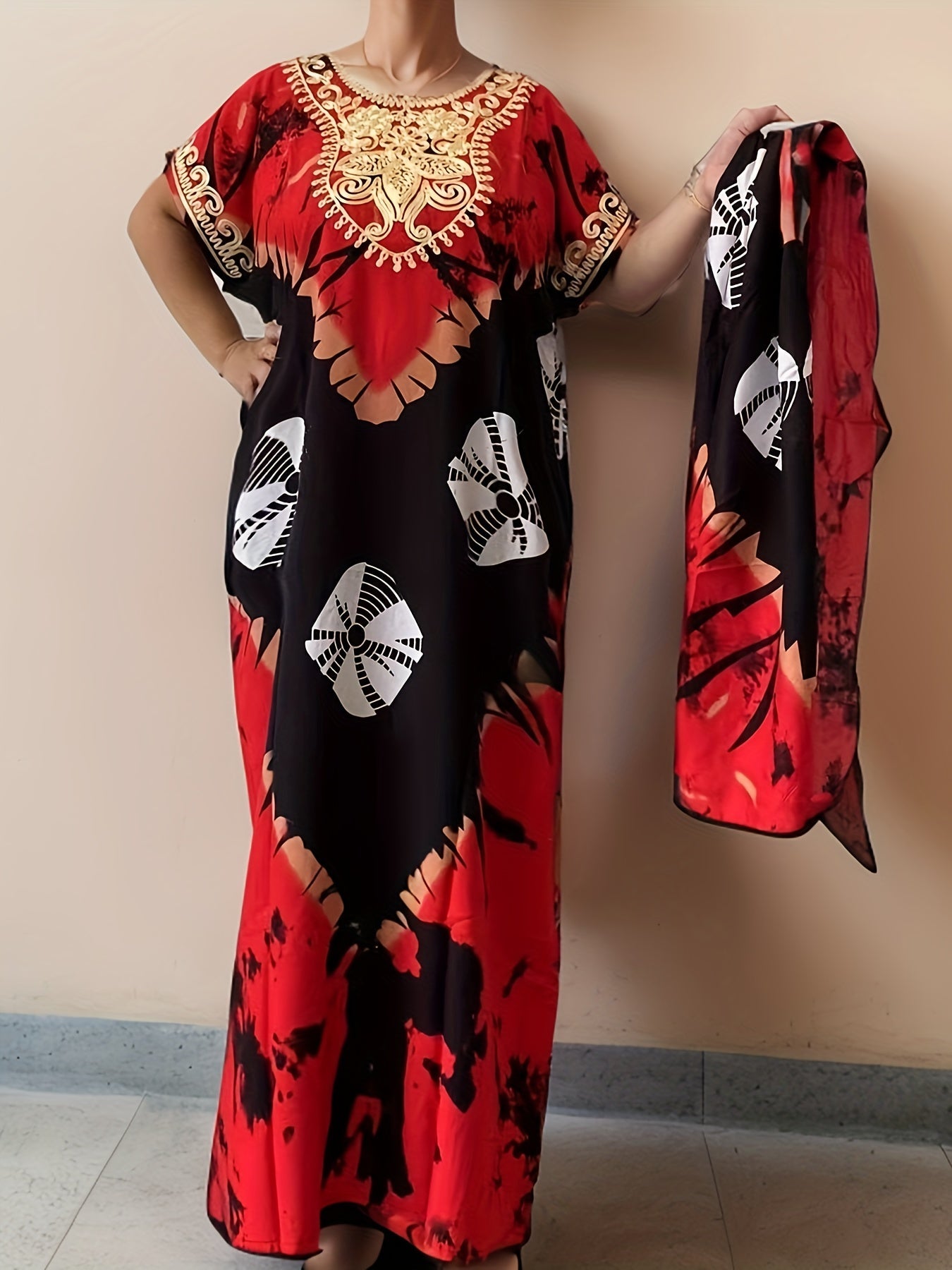 Women's Floral Crew Neck Kaftan Dress - Long Sleeve – view 9