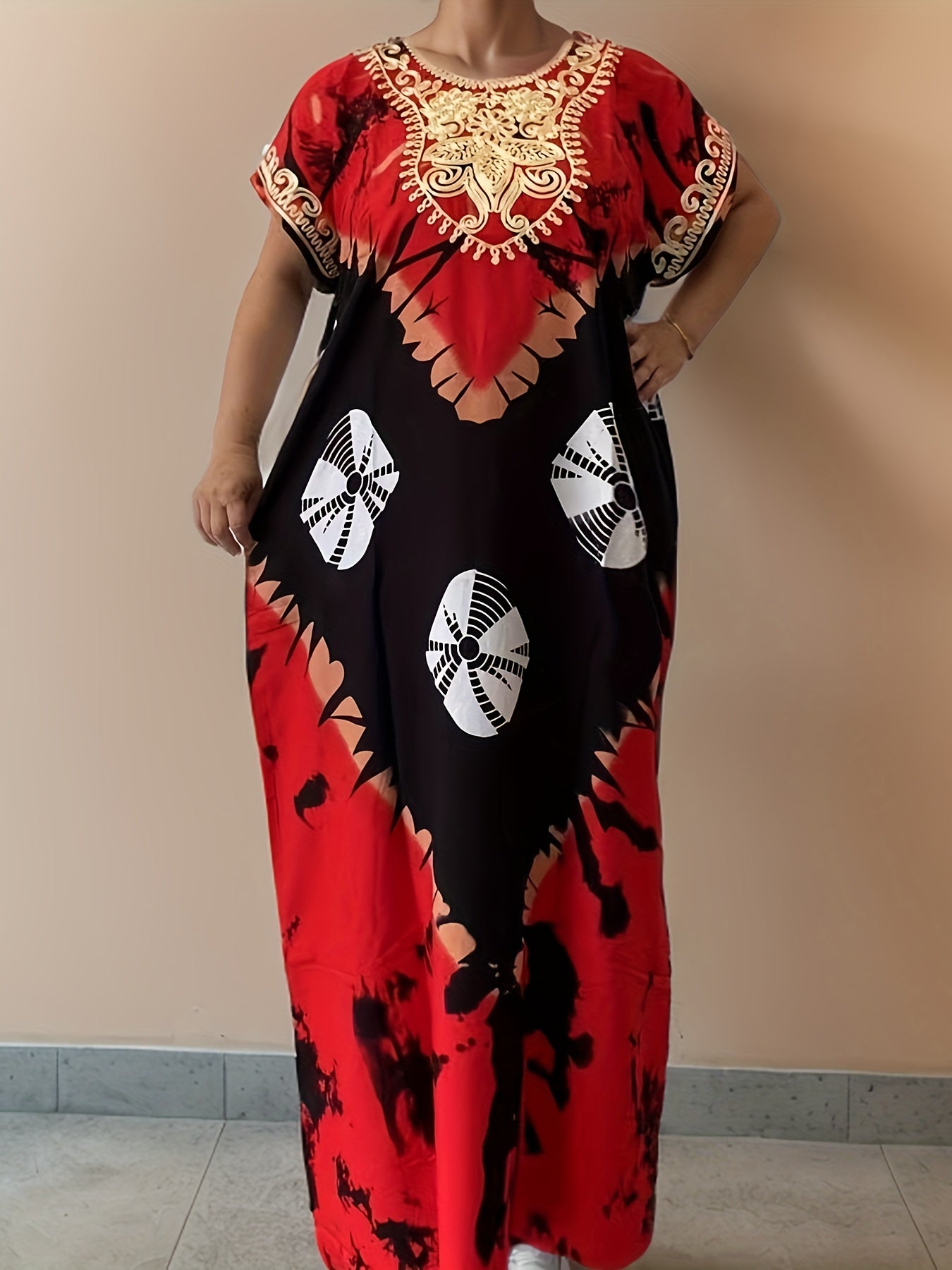 Women's Floral Crew Neck Kaftan Dress - Long Sleeve – view 11