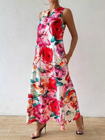Women's Floral Crew Neck Maxi Vacation Dress - Pocket detail view
