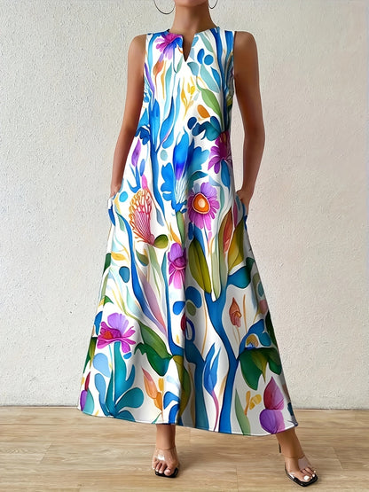 Women's Floral Crew Neck Maxi Vacation Dress - Pocket detail view