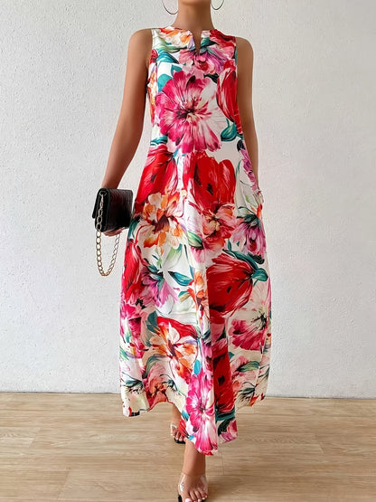 Women's Floral Crew Neck Maxi Vacation Dress - Pocket detail view