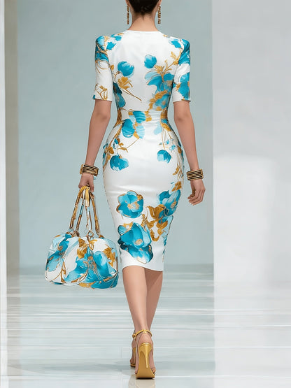 Women's Floral Crew Neck Midi Bodycon Dress - Short Sleeve detail view
