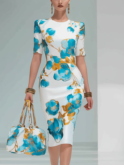 Women's Floral Crew Neck Midi Bodycon Dress - Short Sleeve detail view