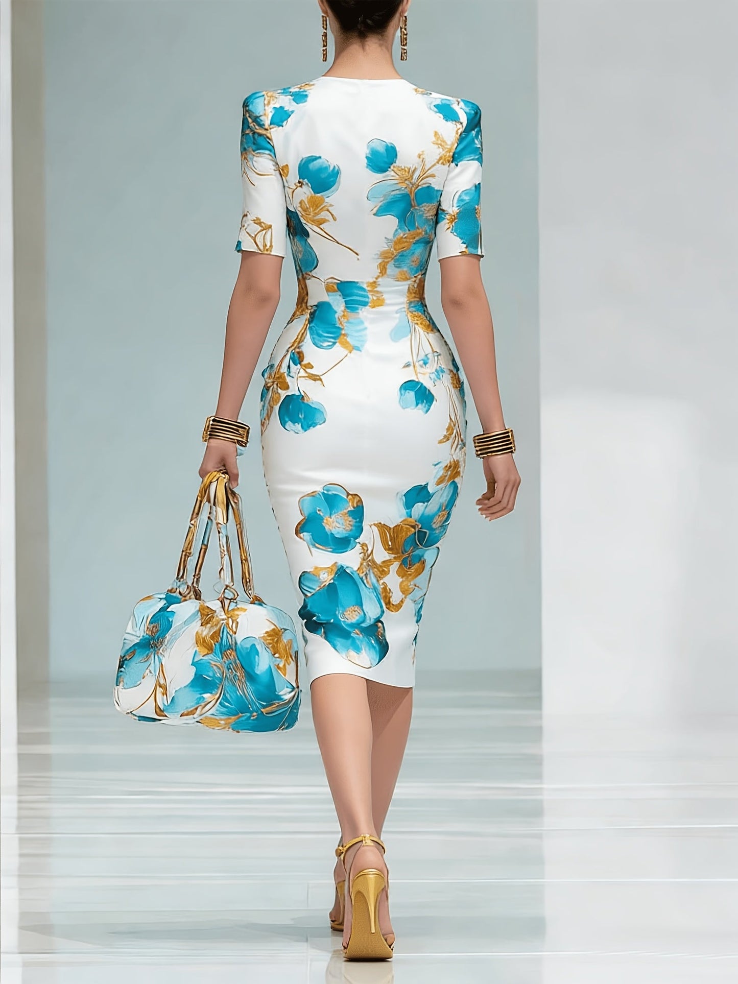 Women's Floral Crew Neck Midi Bodycon Dress - Short Sleeve detail view
