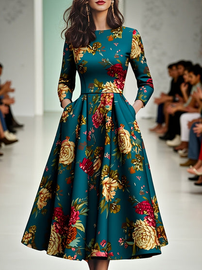 Women's Floral Crew Neck Midi Casual Dress detail view