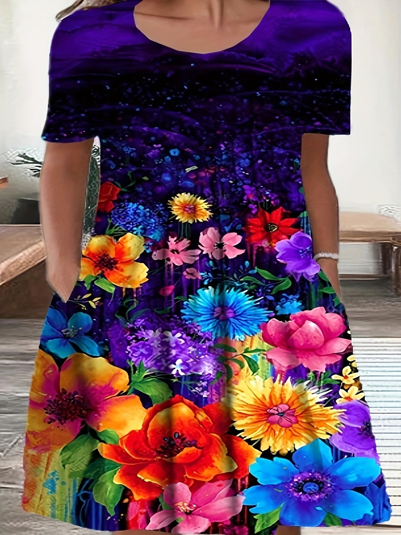 Women's Floral Crew Neck Midi Casual Dress - Short Sleeve – main product image