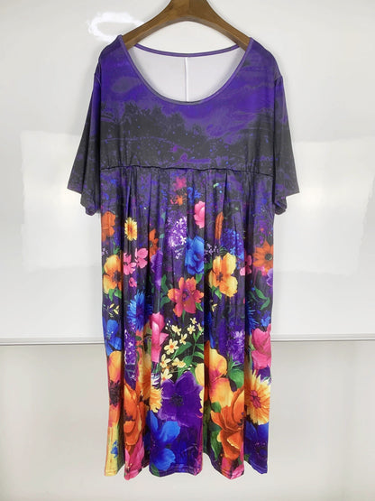 Women's Floral Crew Neck Midi Casual Dress - Short Sleeve detail view