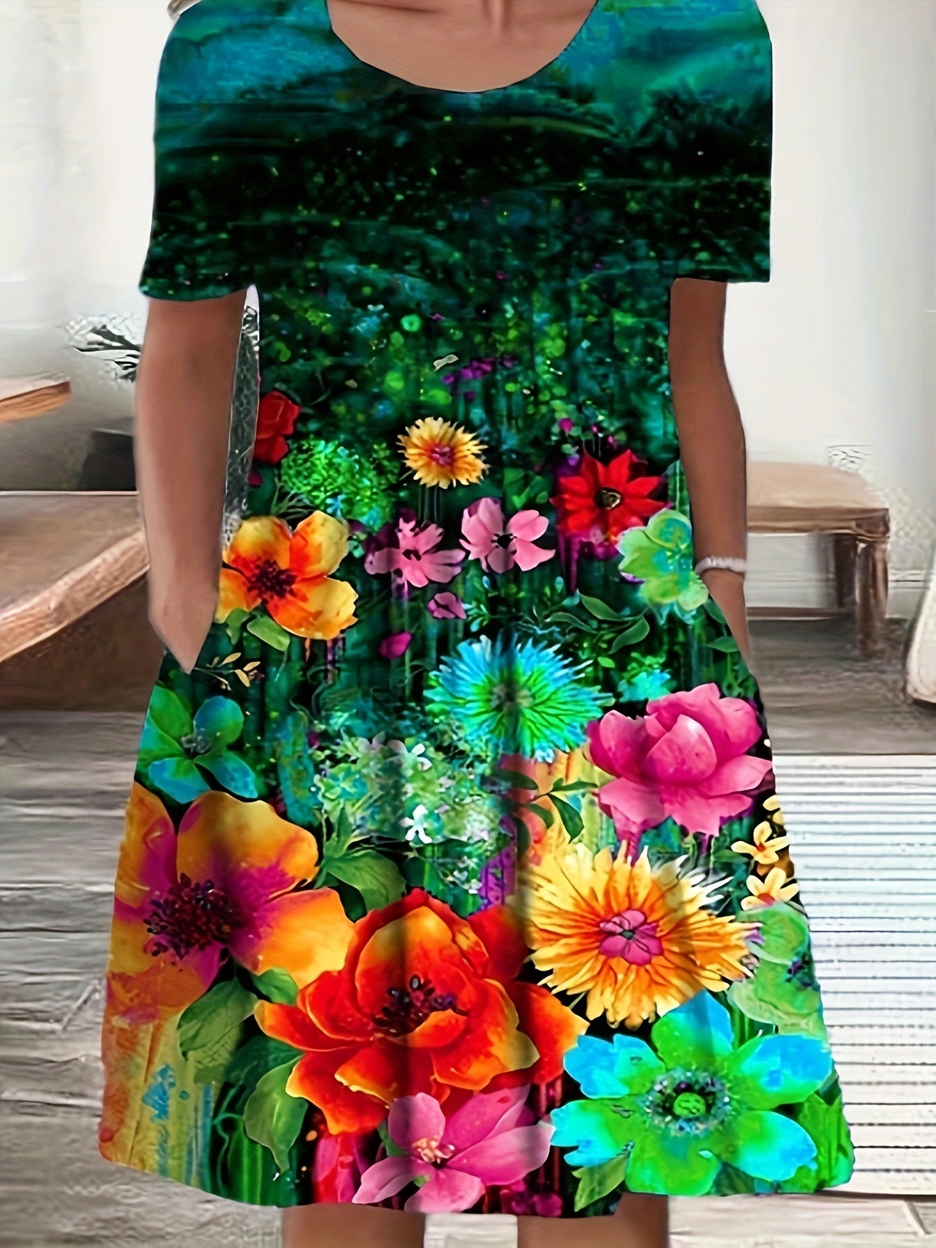 Women's Floral Crew Neck Midi Casual Dress - Short Sleeve detail view