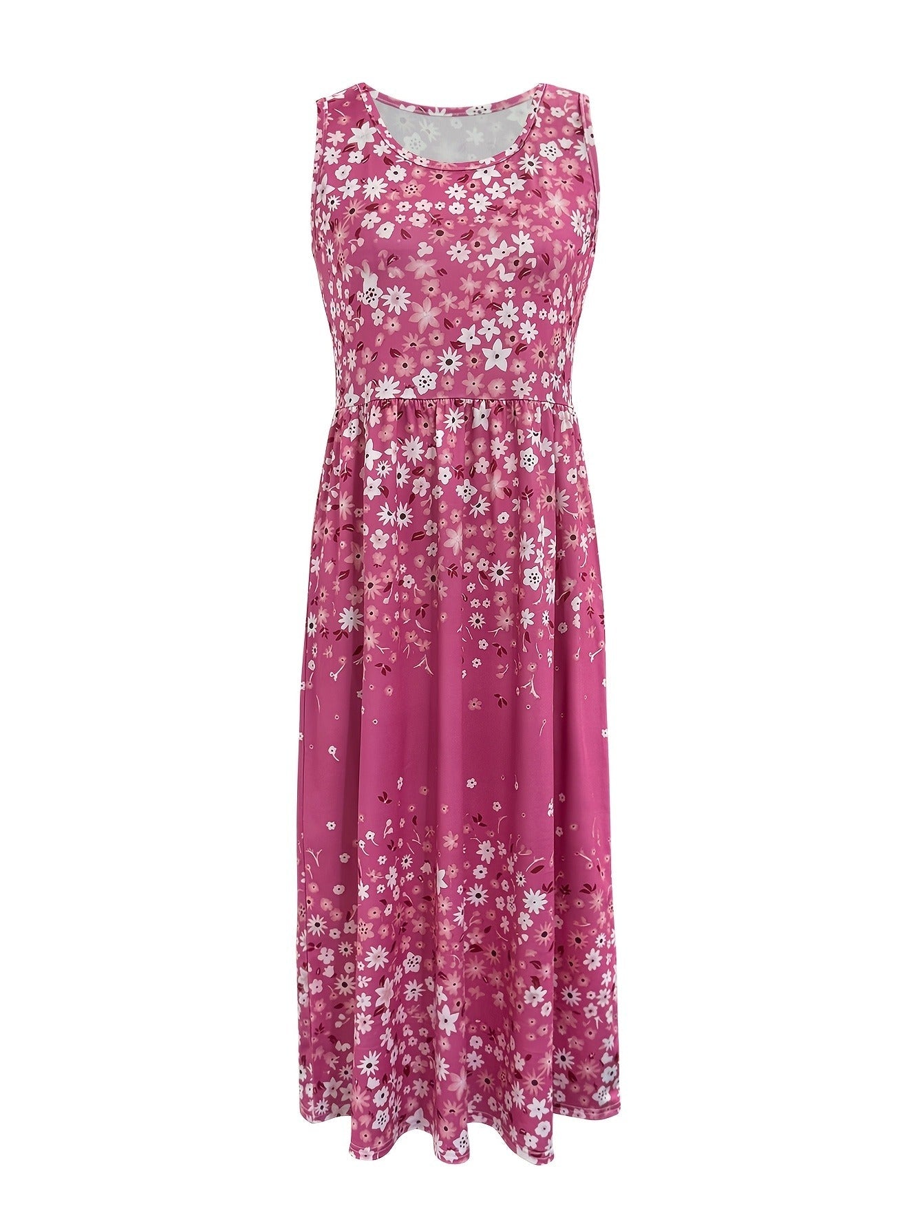 Women's Floral Crew Neck Vacation Dress – Bright Pink Color – view 2