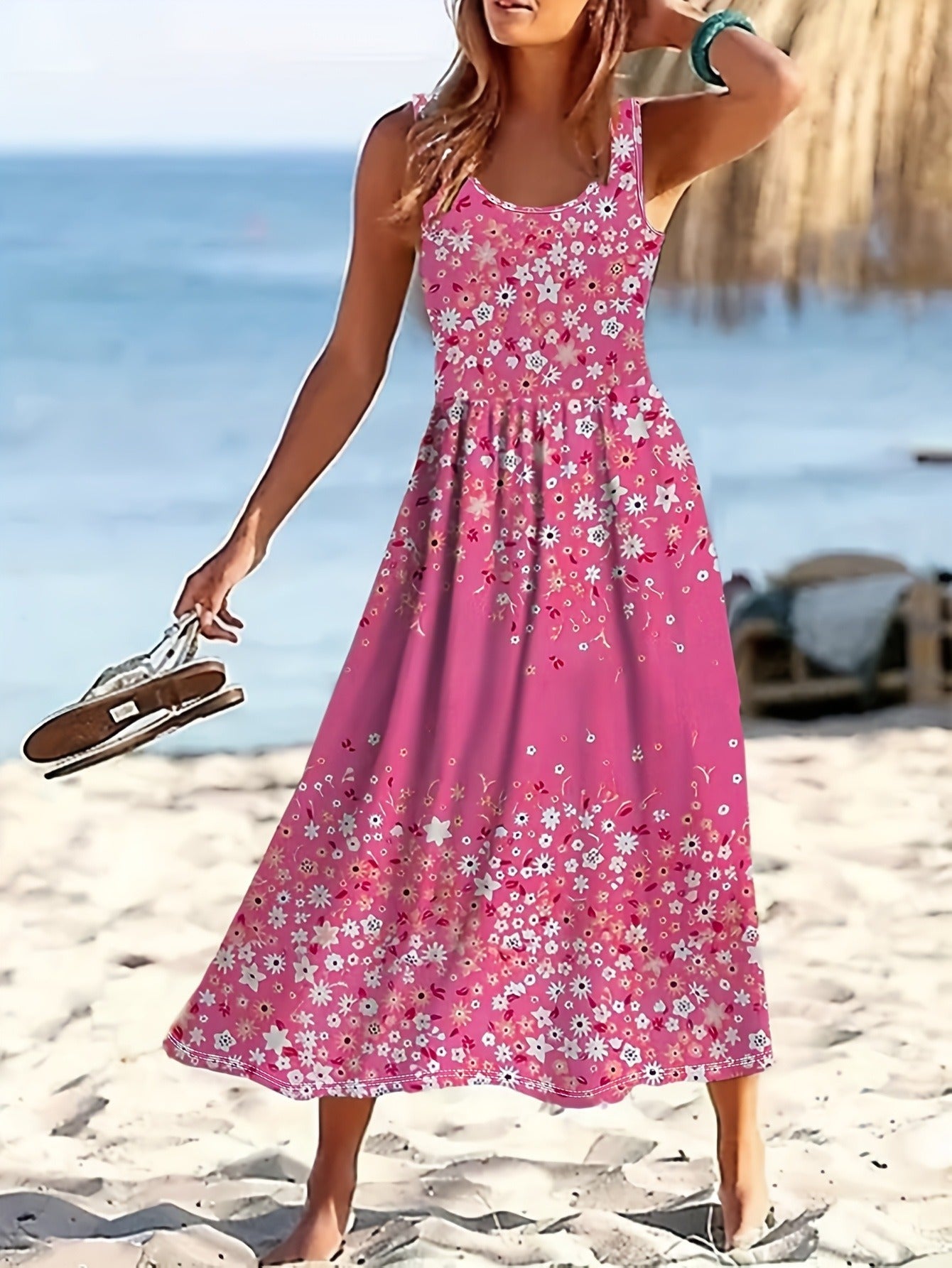Women's Floral Crew Neck Vacation Dress – Bright Pink Color – view 4