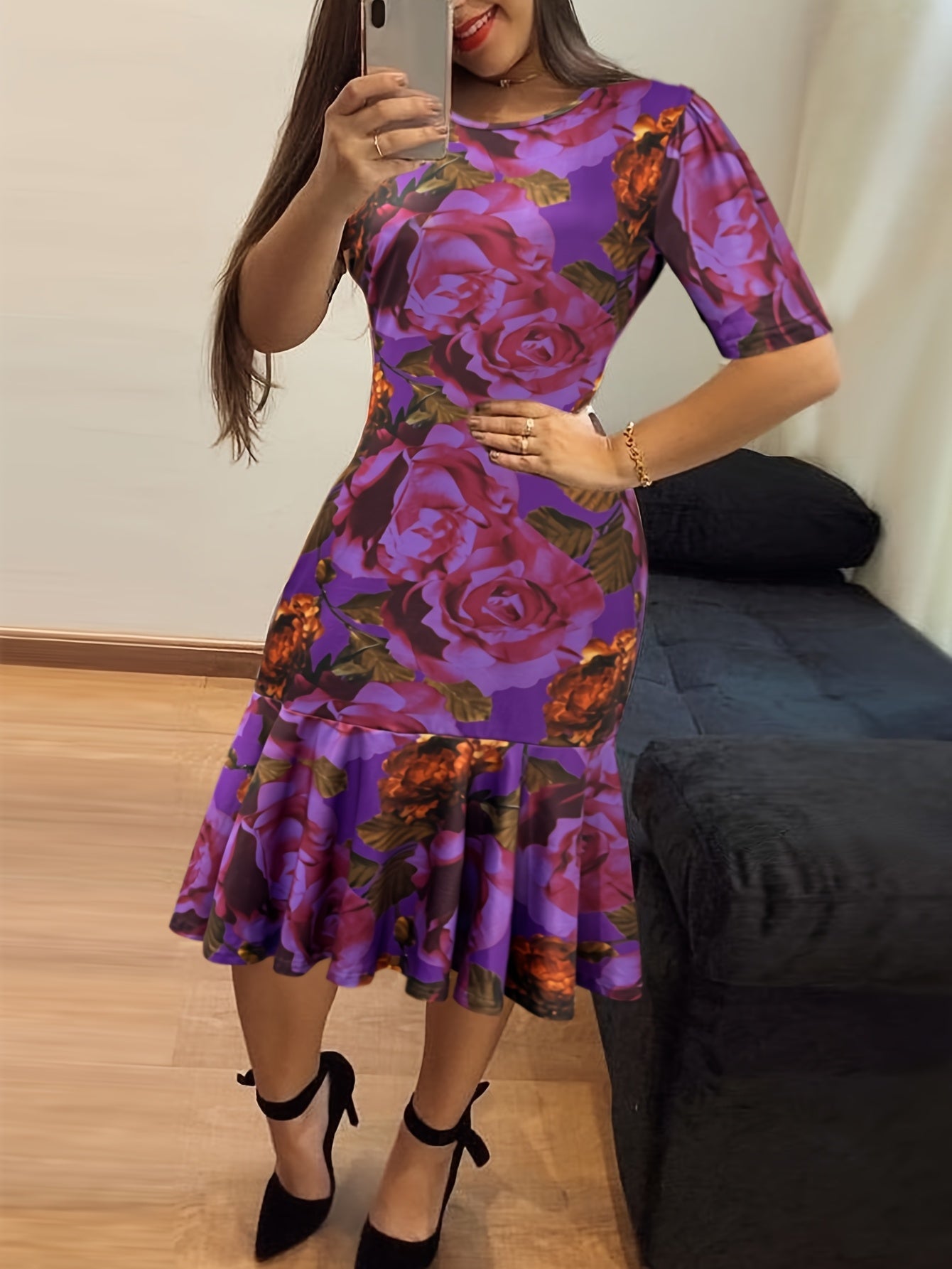 Women's Floral Crew Neck Vacation Dress – ✨ Vacation silhouette for a distinctive detail view