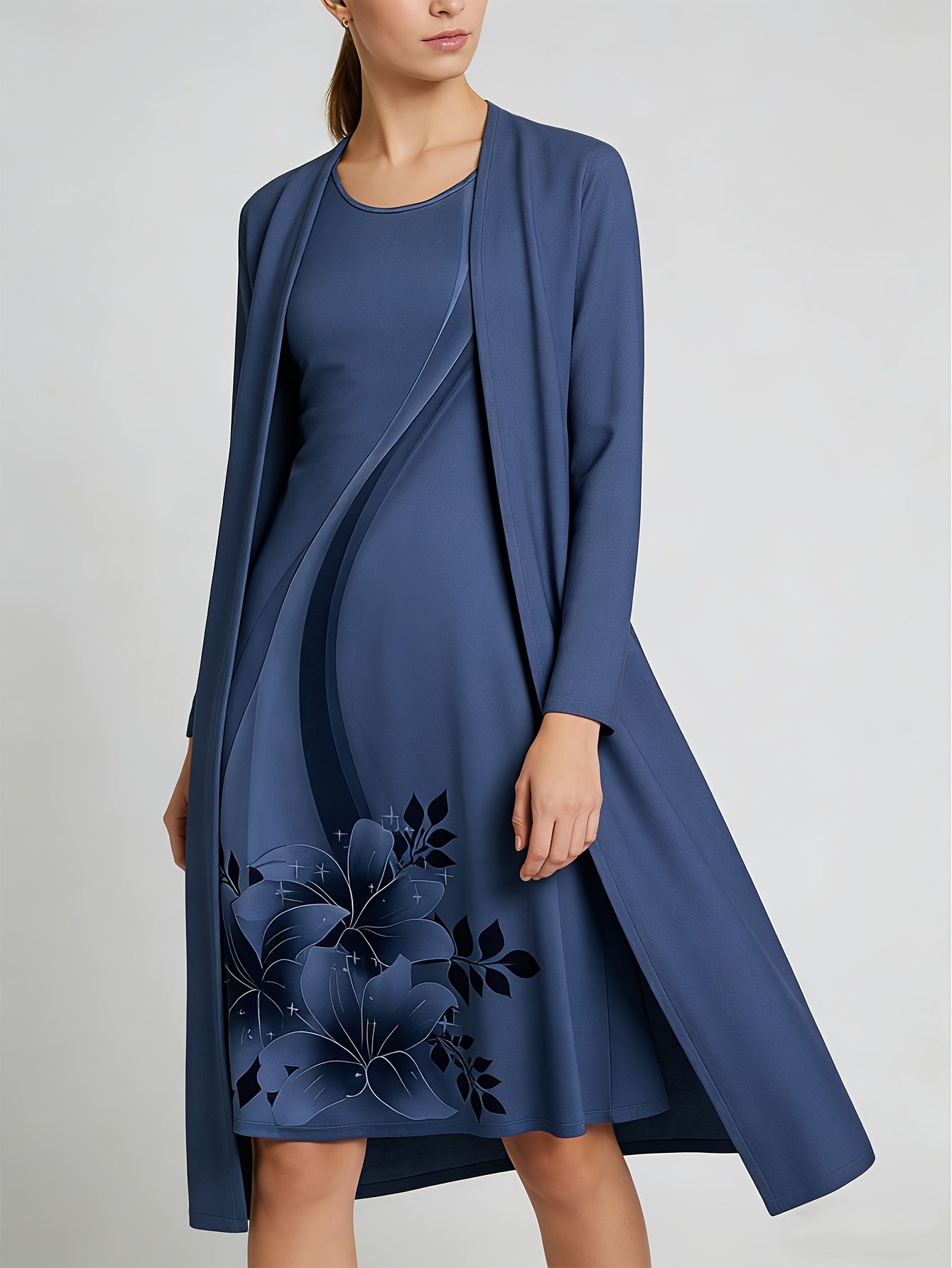 Women's Floral Dress and Cardigan Set - Two-Piece Coordinated Style detail view