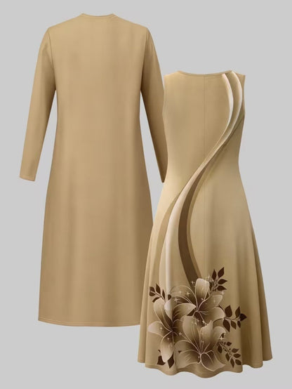 Women's Floral Dress and Cardigan Set - Two-Piece Coordinated Style detail view