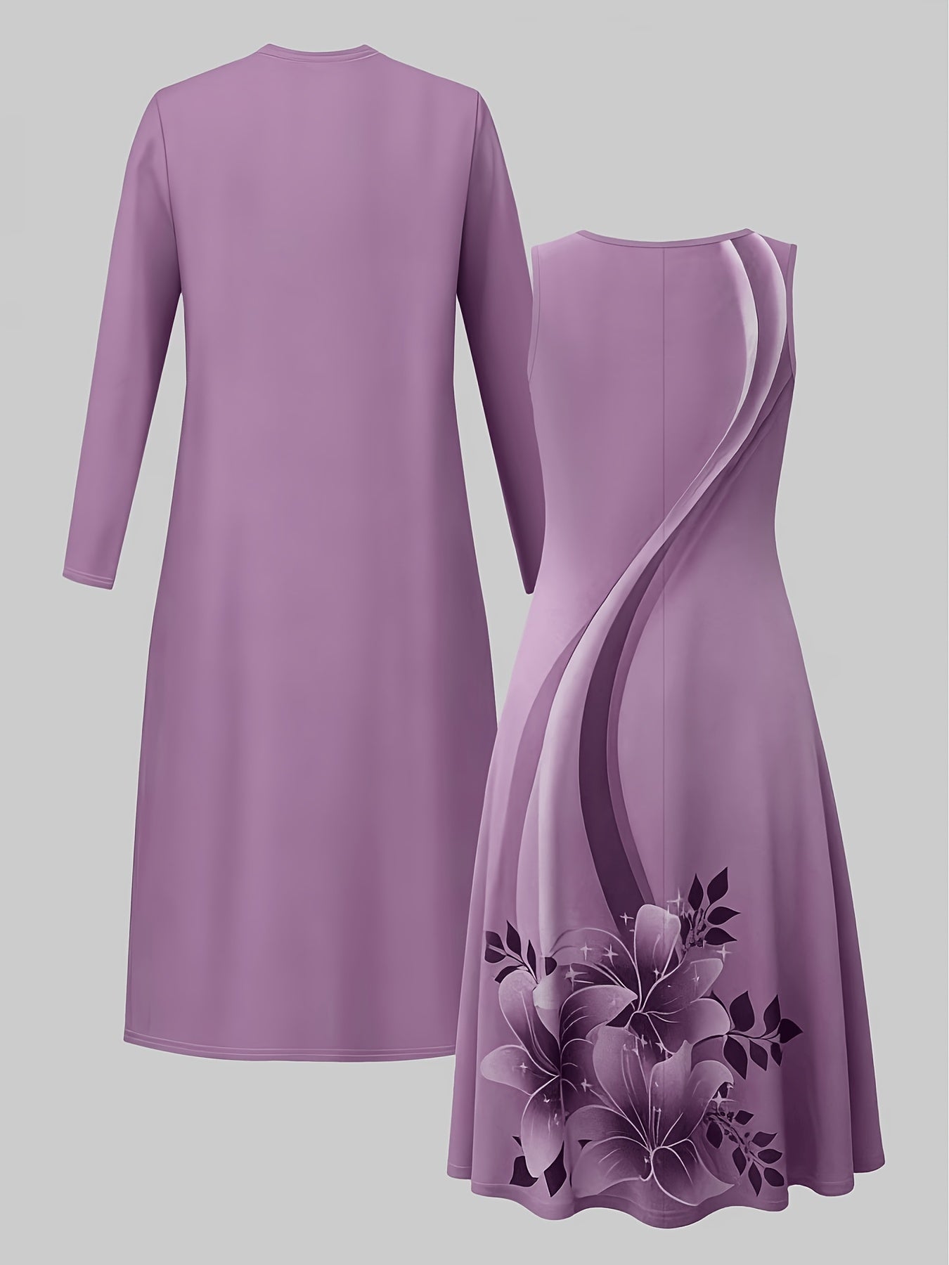 Women's Floral Dress and Cardigan Set - Two-Piece Coordinated Style detail view