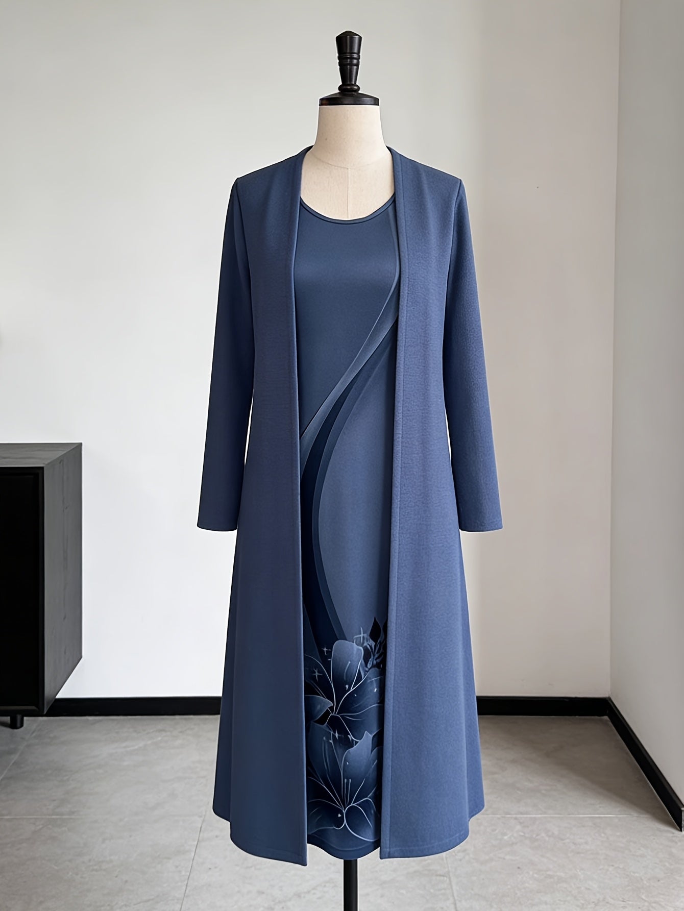 Women's Floral Dress and Cardigan Set - Two-Piece Coordinated Style detail view
