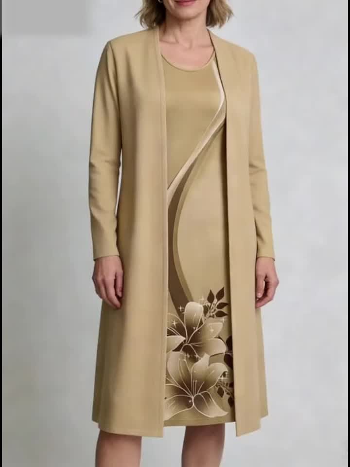 Women's Floral Dress and Cardigan Set - Two-Piece Coordinated Style detail view
