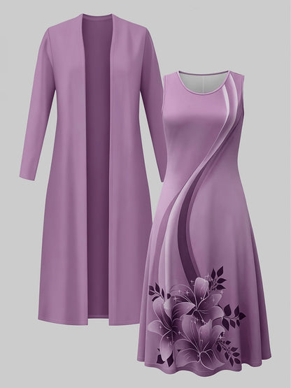 Women's Floral Dress and Cardigan Set - Two-Piece Coordinated Style detail view