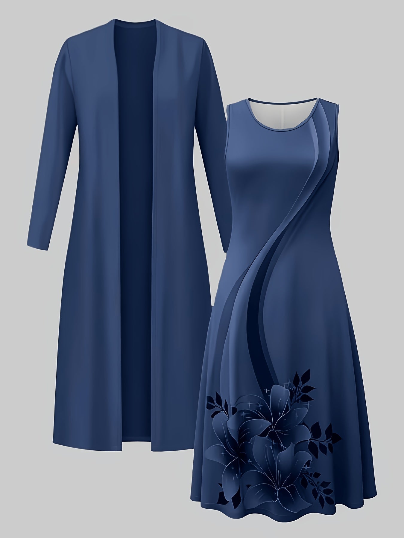 Women's Floral Dress and Cardigan Set - Two-Piece Coordinated Style detail view