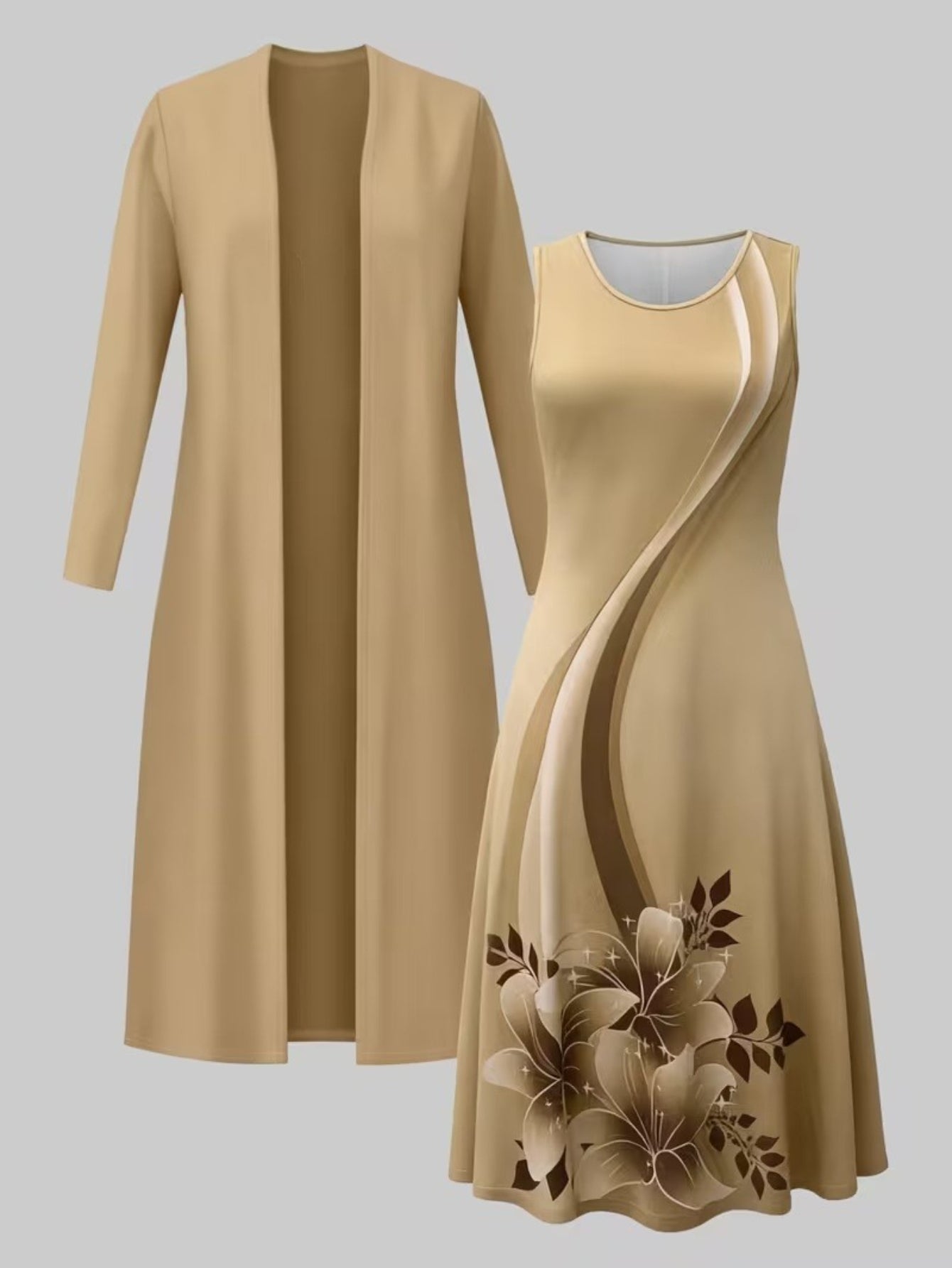 Women's Floral Dress and Cardigan Set - Two-Piece Coordinated Style detail view