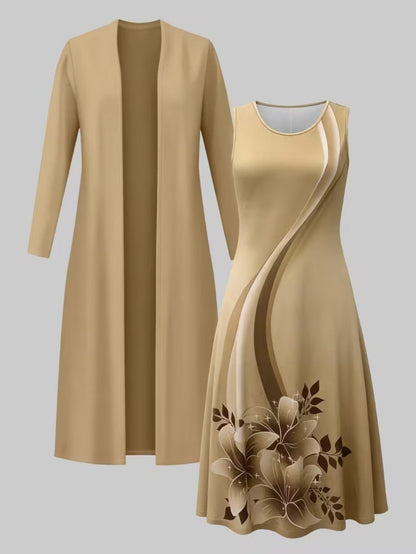 Women's Floral Dress and Cardigan Set - Two-Piece Coordinated Style detail view