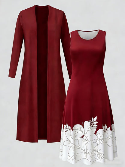 Women's Floral Dress and Cardigan Set - Two-Piece Coordinated Style detail view