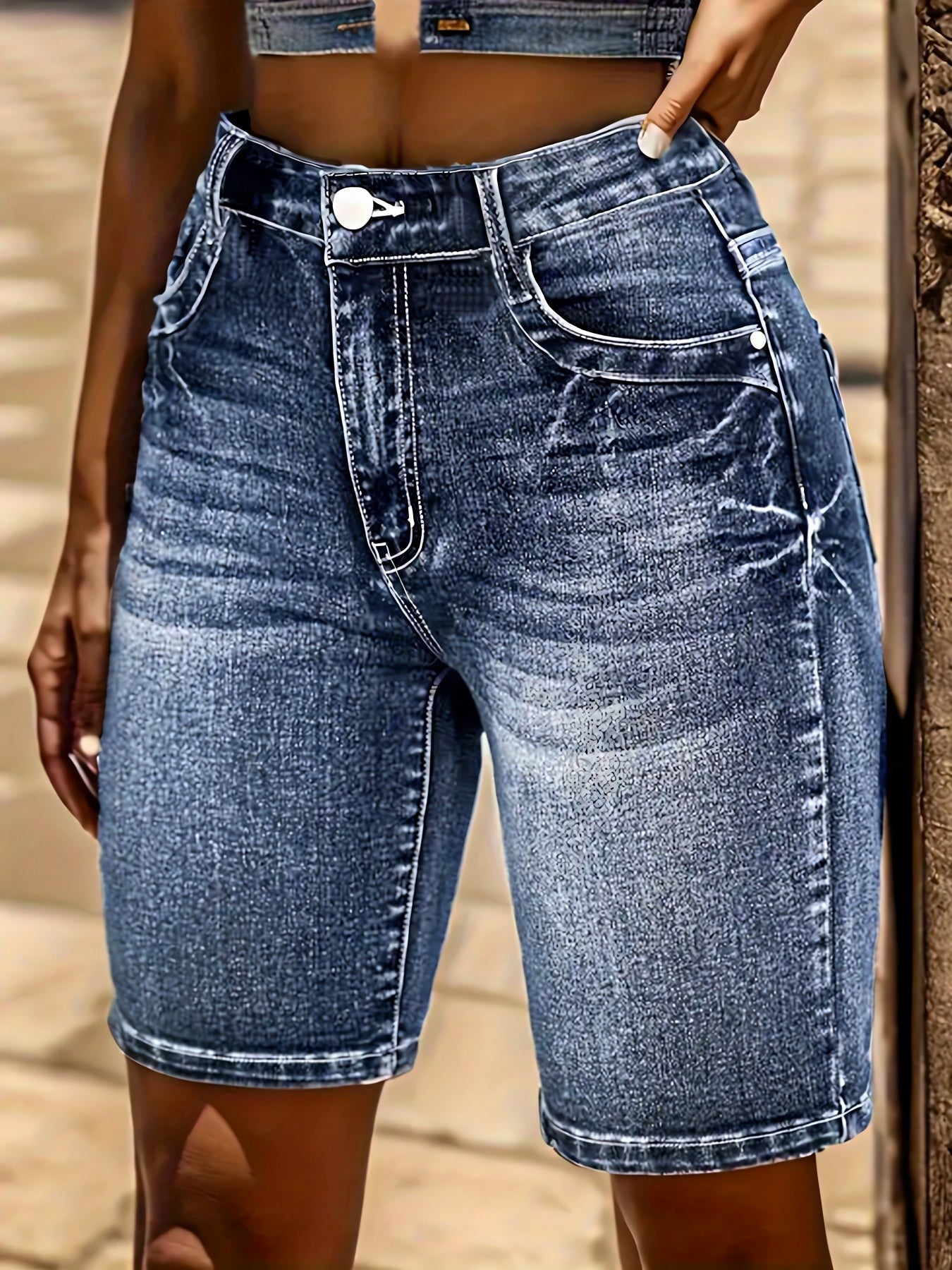 Women's Floral Embroidered Denim Shorts - High-Waist Stretch – Blue option – main product image