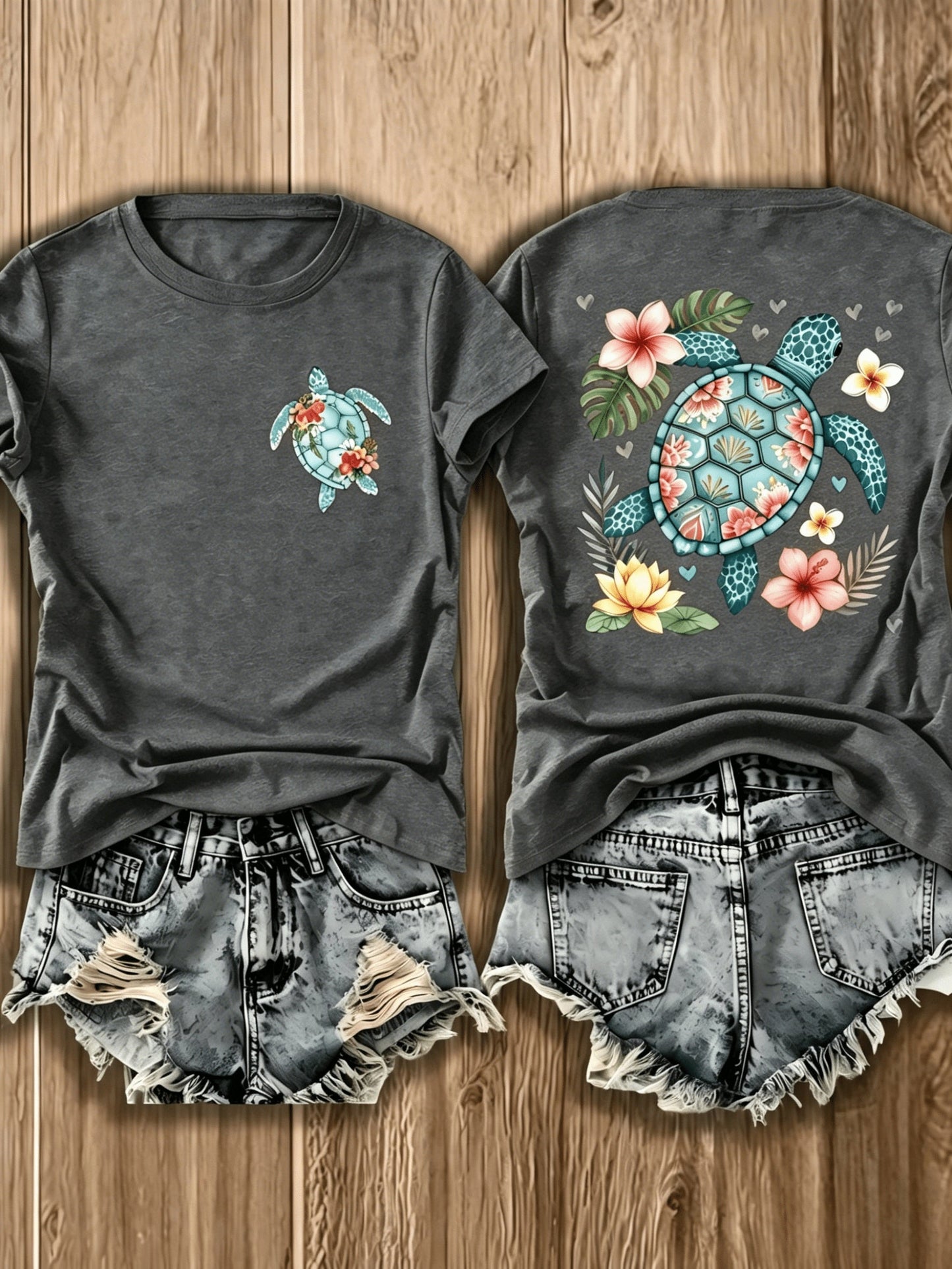 Women's Floral Graphic T-Shirt - Crew Neck Short Sleeve – Grey option – view 4