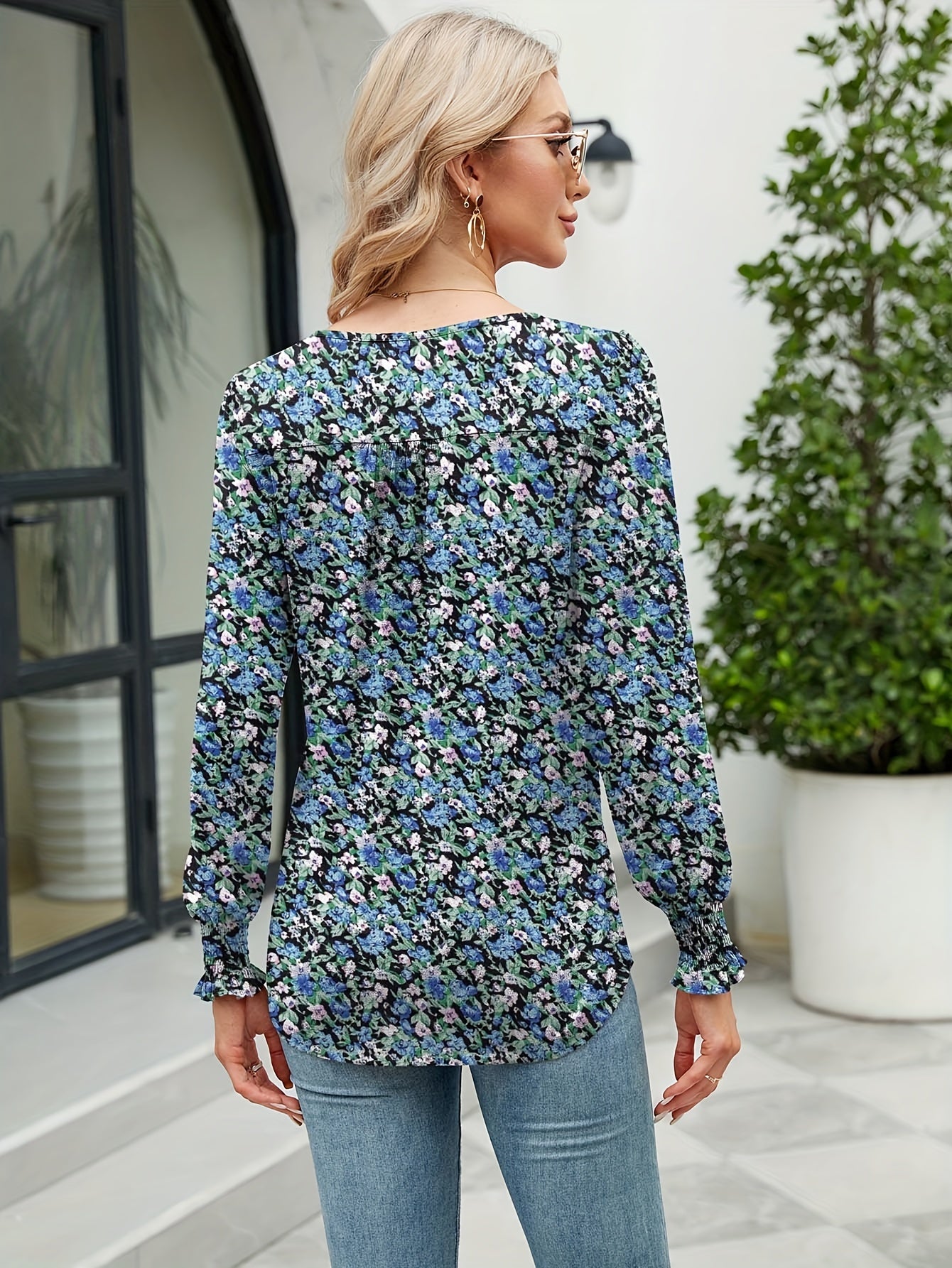 Women's Floral Graphic T-Shirt - Round Neck Long Sleeve detail view