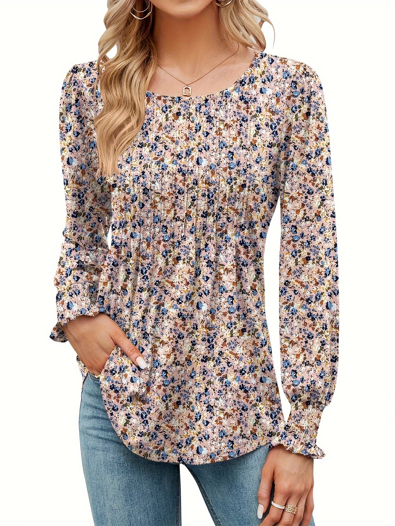 Women's Floral Graphic T-Shirt - Round Neck Long Sleeve detail view