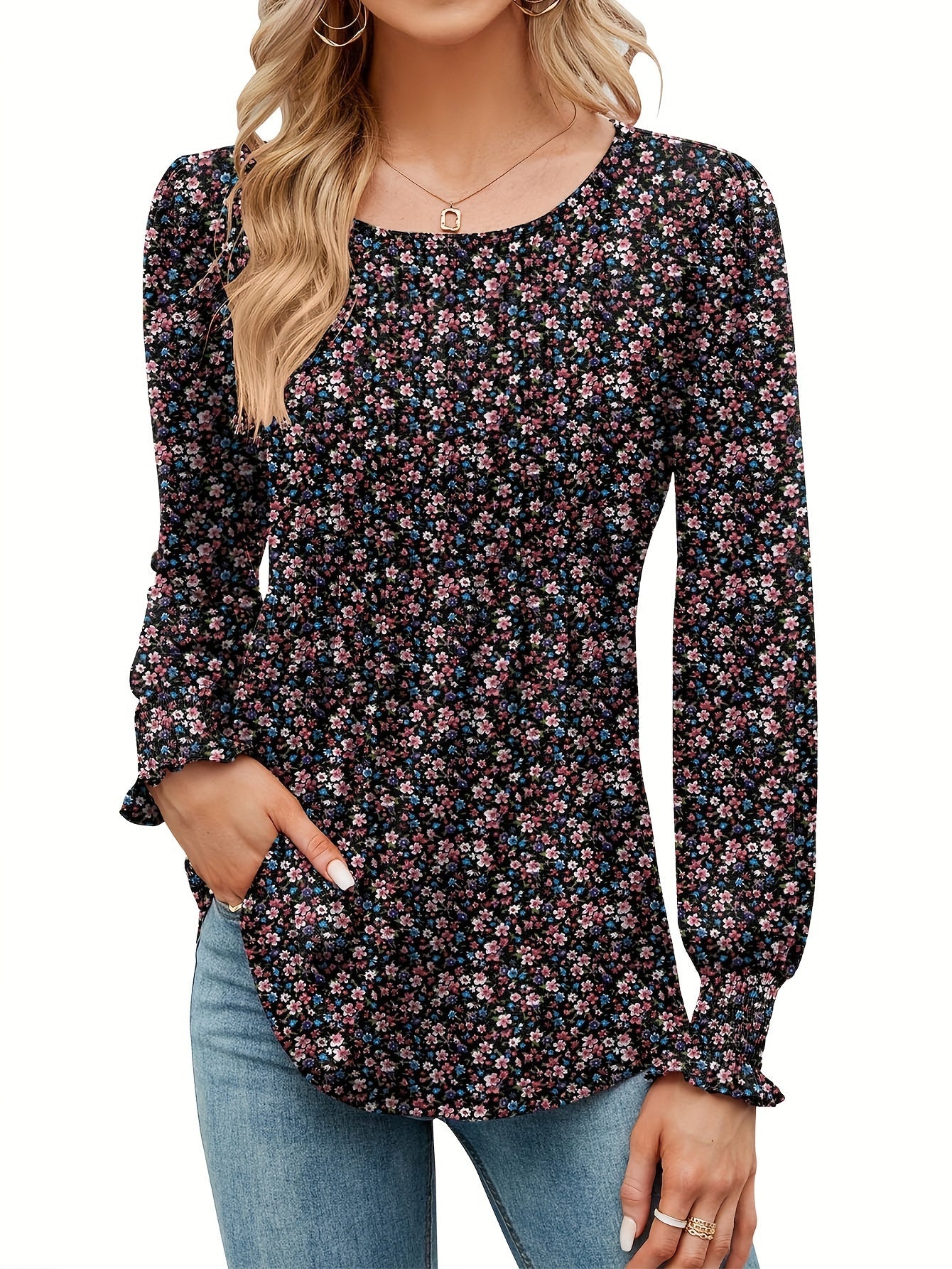 Women's Floral Graphic T-Shirt - Round Neck Long Sleeve detail view