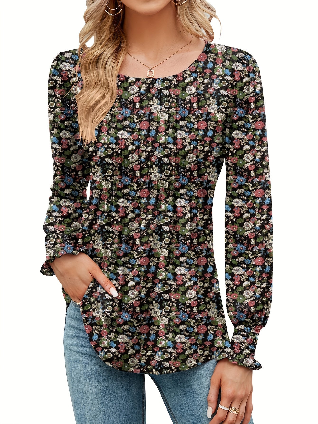 Women's Floral Graphic T-Shirt - Round Neck Long Sleeve detail view