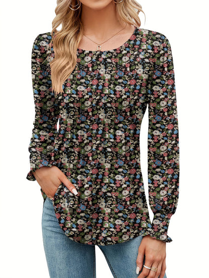 Women's Floral Graphic T-Shirt - Round Neck Long Sleeve detail view
