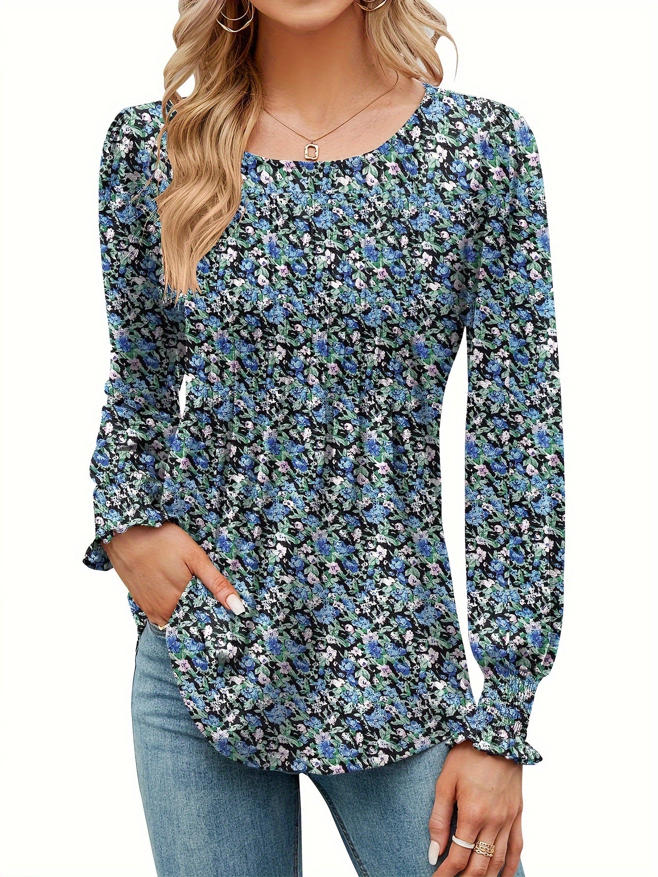 Women's Floral Graphic T-Shirt - Round Neck Long Sleeve – Blue option – main product image