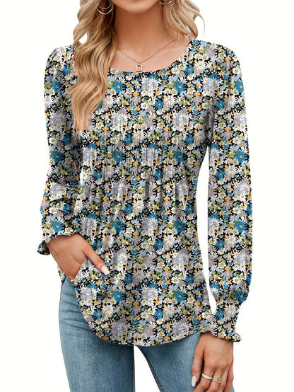 Women's Floral Graphic T-Shirt - Round Neck Long Sleeve – Blue option – view 2