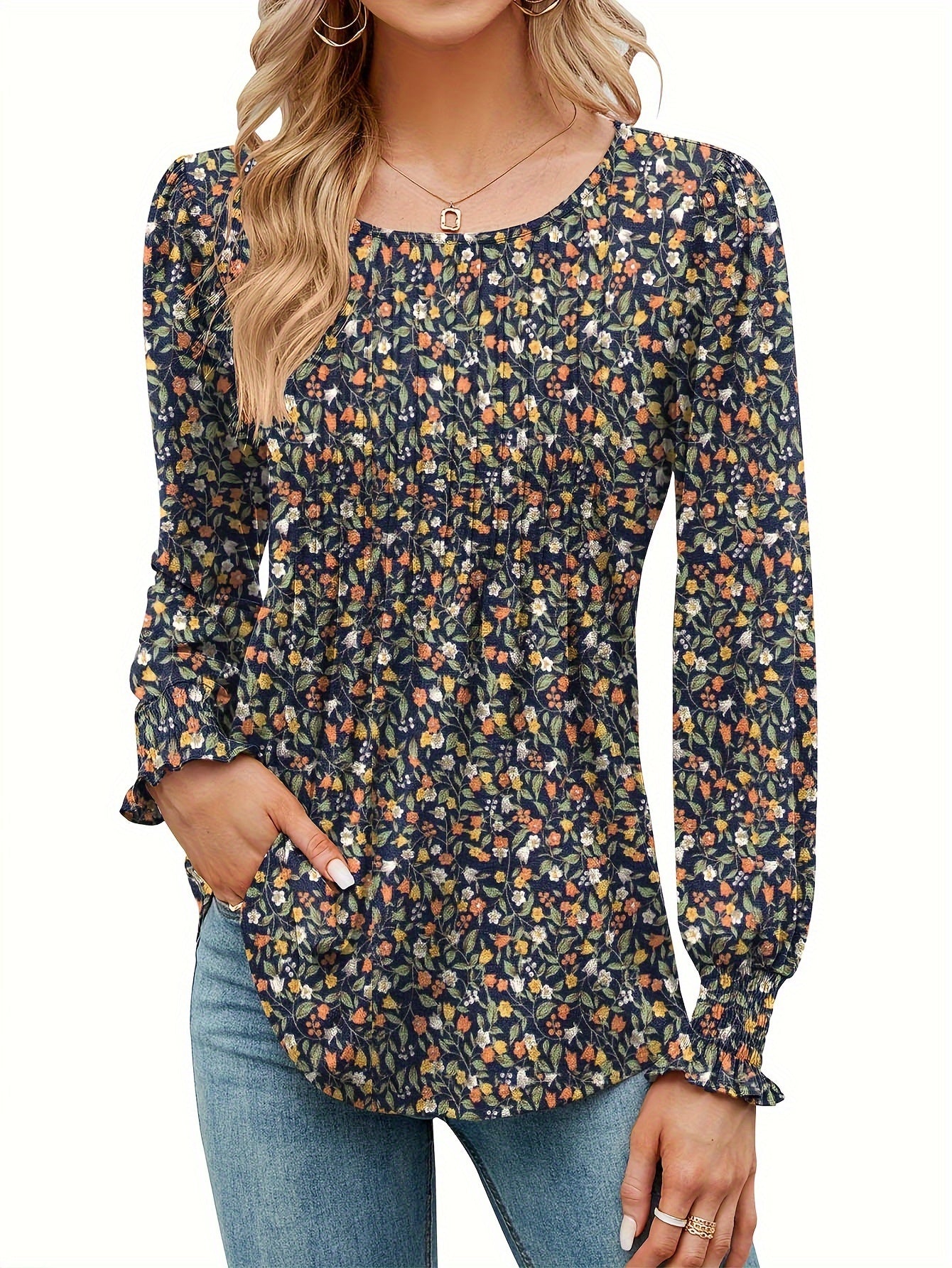 Women's Floral Graphic T-Shirt - Round Neck Long Sleeve – Blue option – view 3