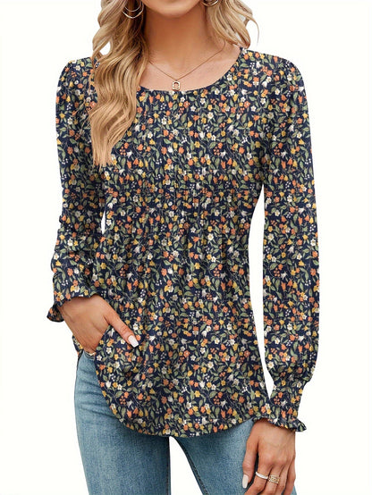 Women's Floral Graphic T-Shirt - Round Neck Long Sleeve – Blue option – view 3