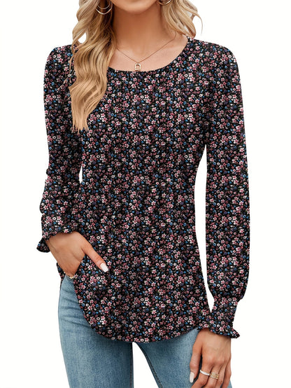 Women's Floral Graphic T-Shirt - Round Neck Long Sleeve – Blue option – view 5