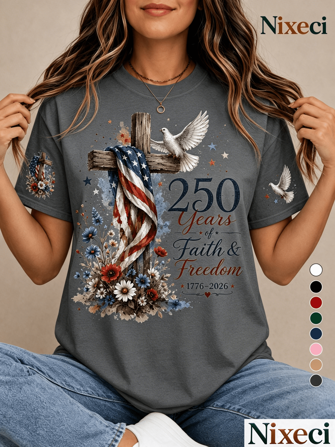 Women's Floral Graphic T-Shirt - Round Neck Short Sleeve – 8-Color Selection detail view