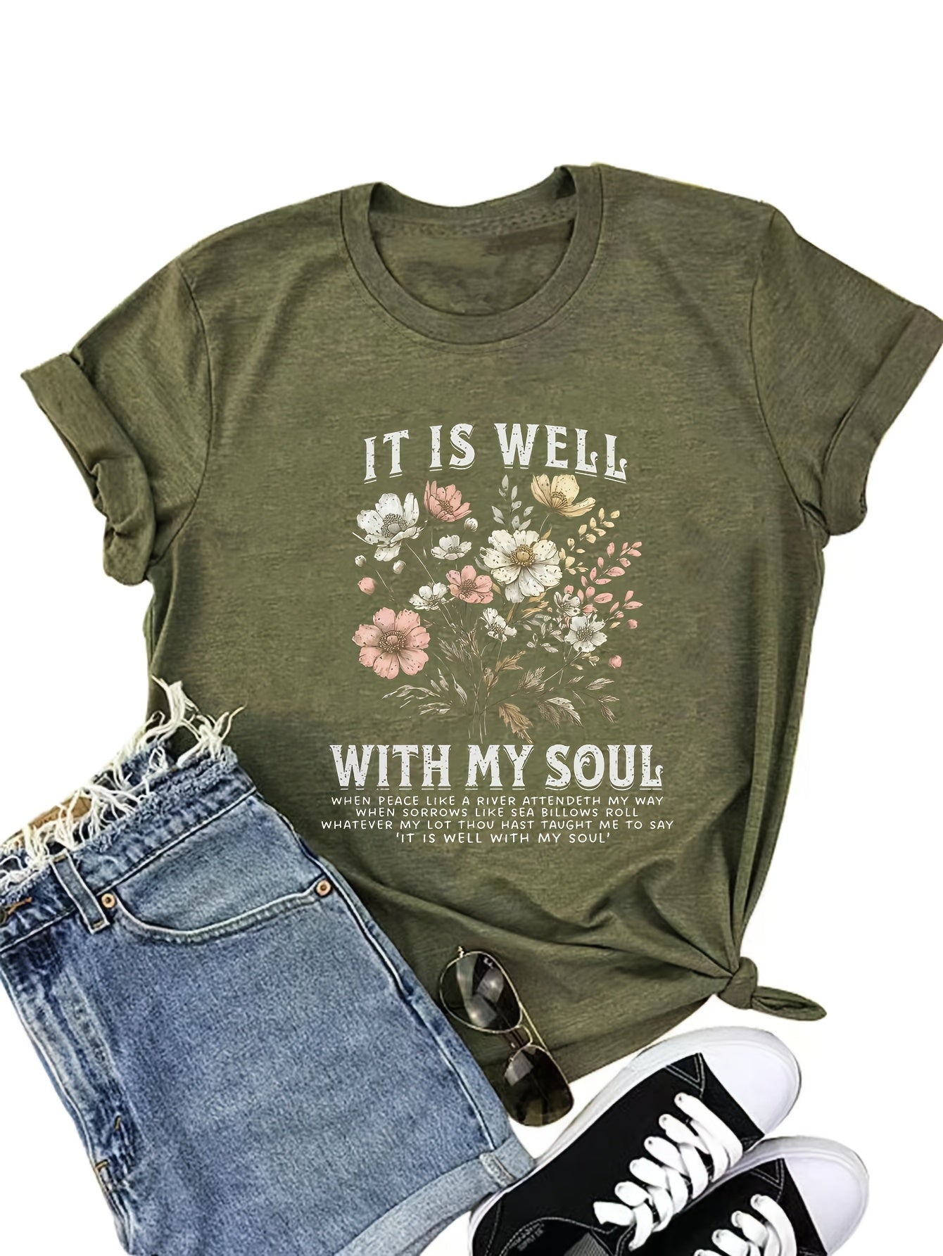 Women's Floral Graphic T-Shirt - Round Neck Short Sleeve – Grass Green / Orange detail view