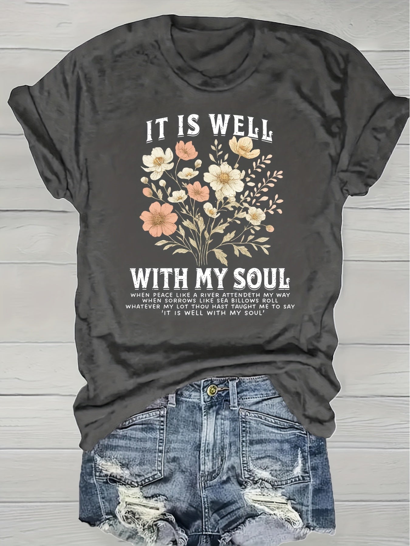 Women's Floral Graphic T-Shirt - Round Neck Short Sleeve – Grass Green / Orange – Green option – view 2