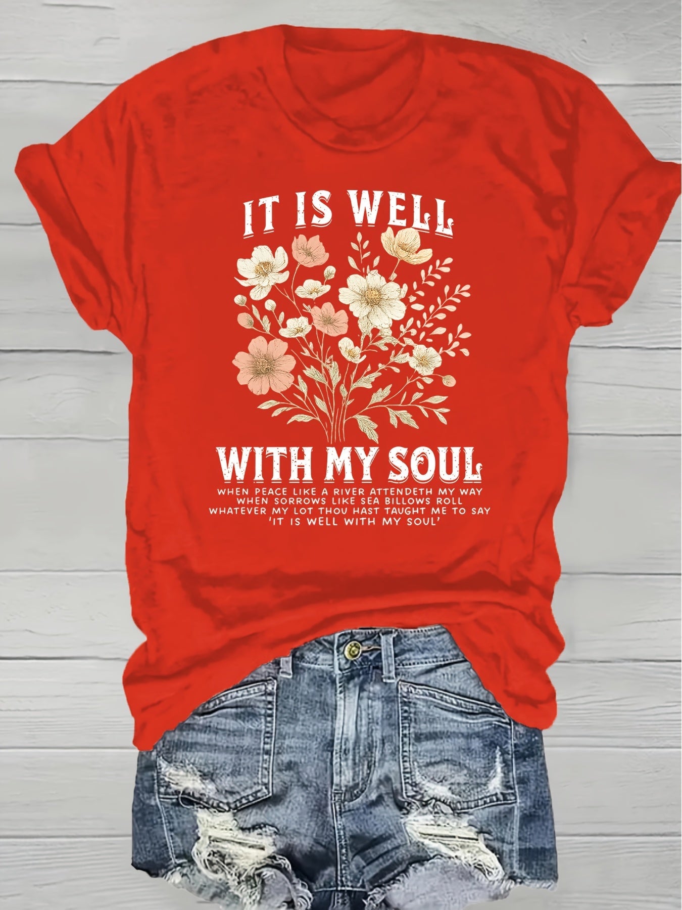 Women's Floral Graphic T-Shirt - Round Neck Short Sleeve – Grass Green / Orange – Green option – view 5