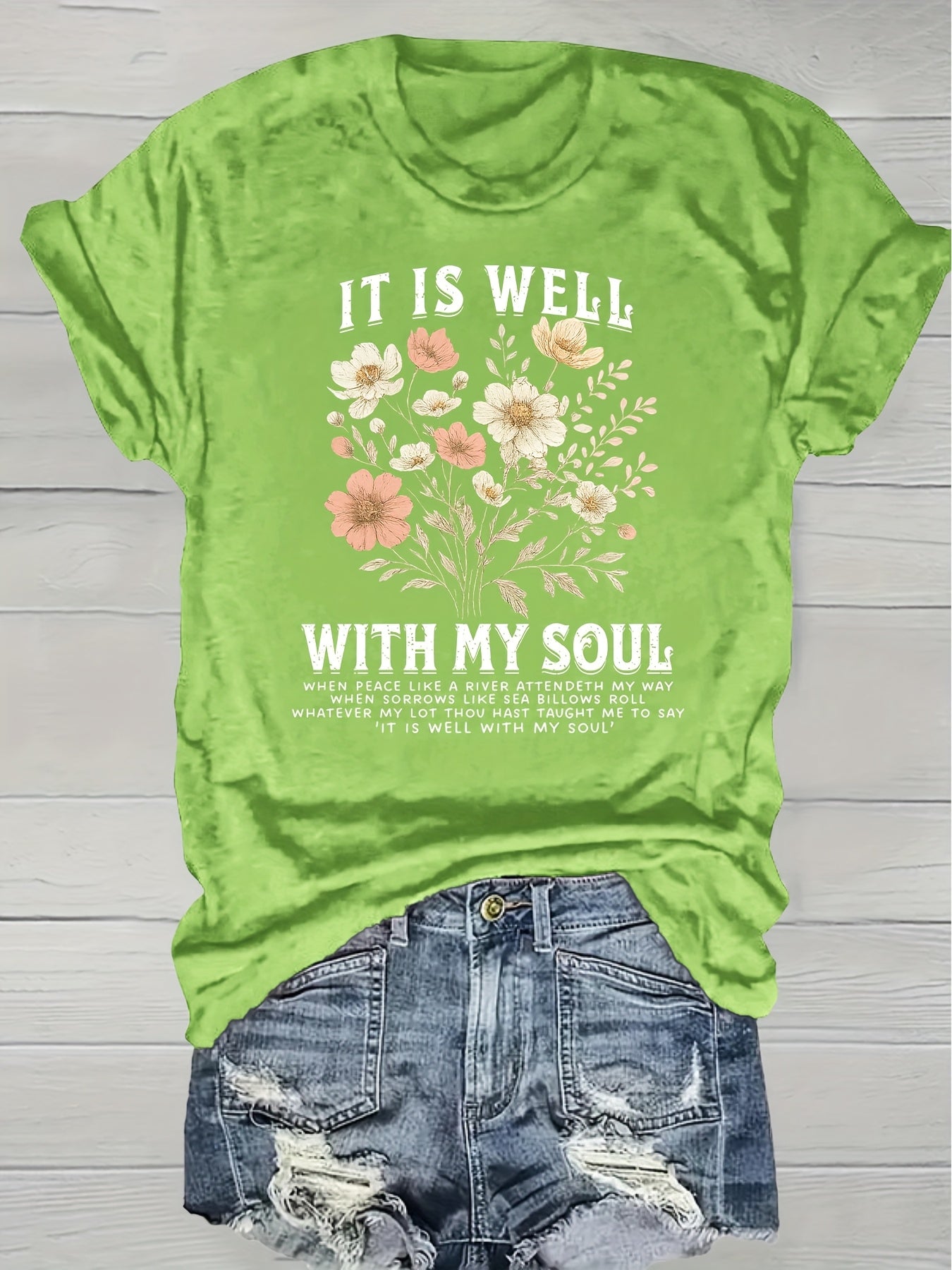 Women's Floral Graphic T-Shirt - Round Neck Short Sleeve – Grass Green / Orange – Green option – view 7