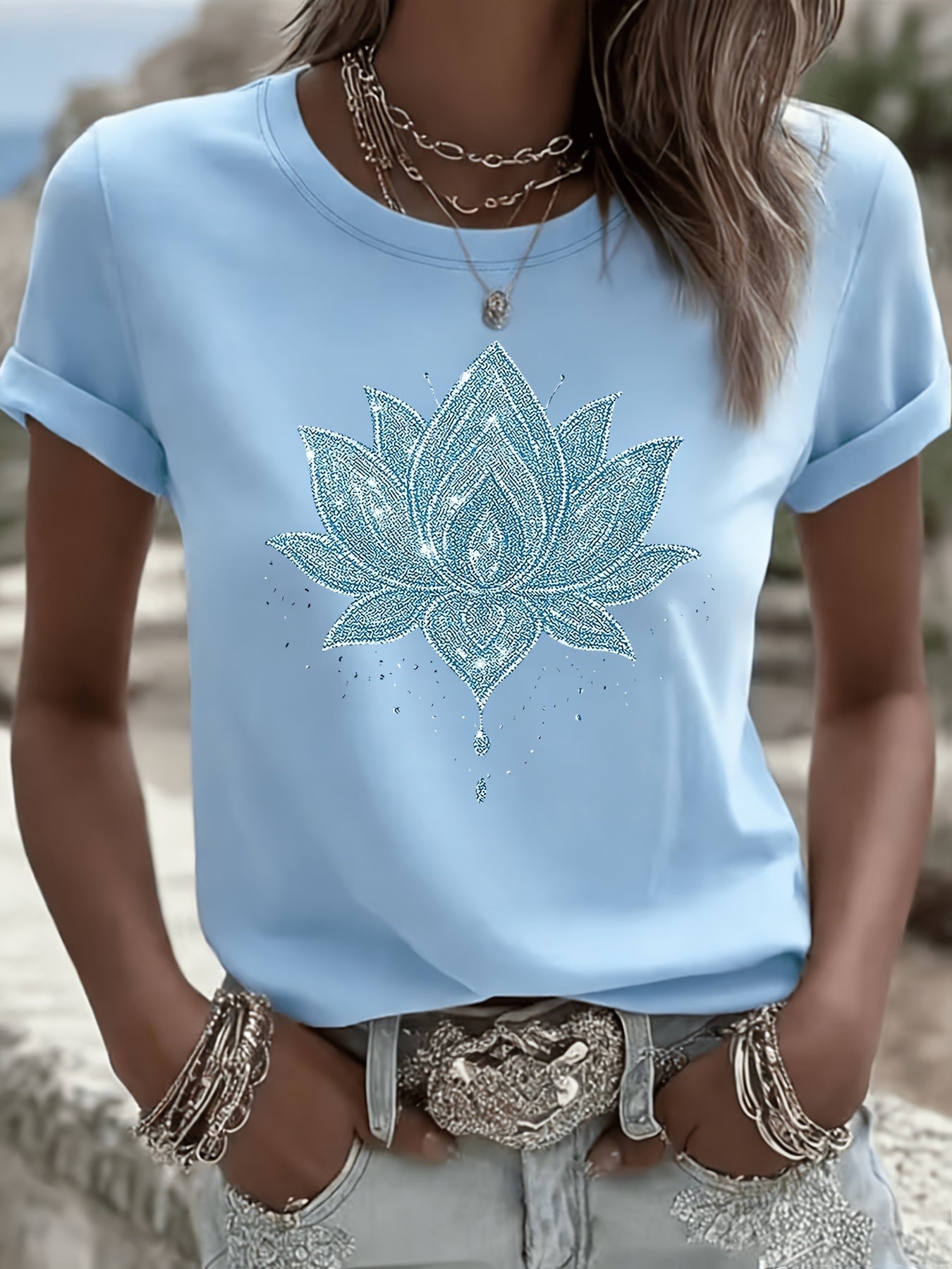 Women's Floral Graphic T-Shirt - Round Neck Short Sleeve – Pink 1 / Bright Red – Pink option – view 6